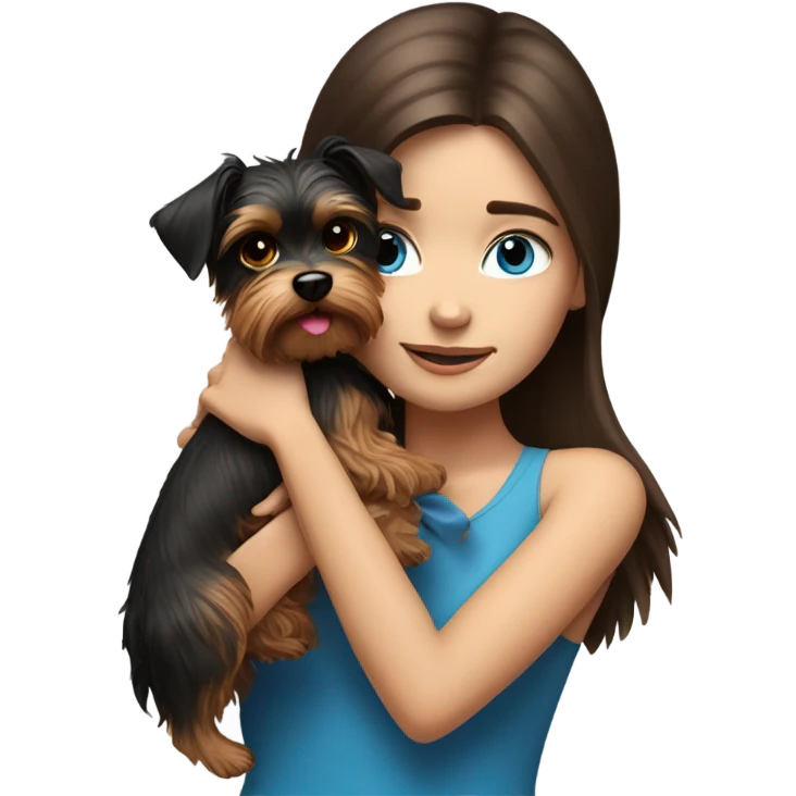 Realistic brunette girl with bright blue eyes hugging Yorkshire terrier  emoji