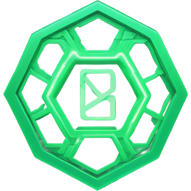 “A glowing green, futuristic-looking icon, resembling a stylized hexagon with circuit-like patterns, set against a dark background.” emoji