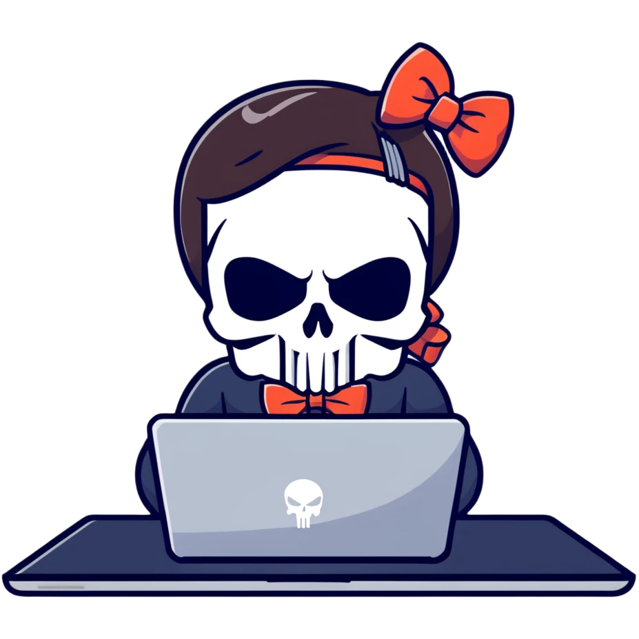 girl Punisher skull with bow typing on laptop emoji