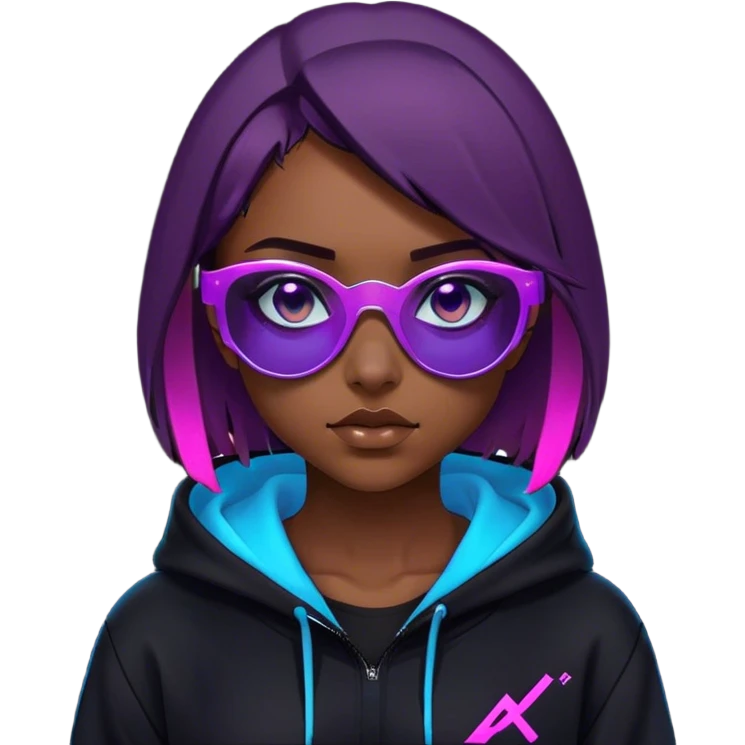 
girl with brown bob and blue eyes in a black hoodie and sunglasses. Cyberpunk style. Violet neon. emoji