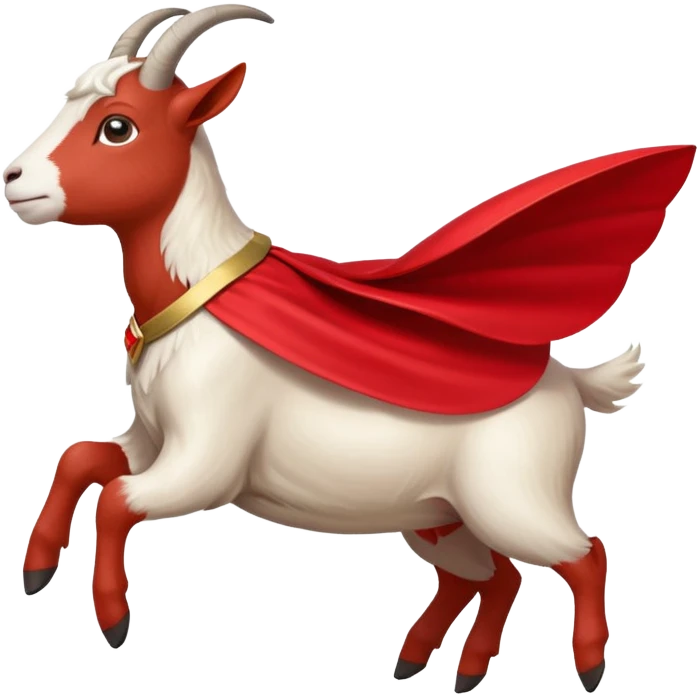 side view of white female goat wearing a read cape like superman emoji