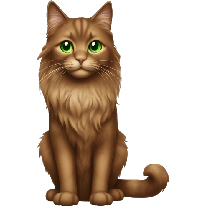 brown long-haired cat with green eyes in full growth emoji