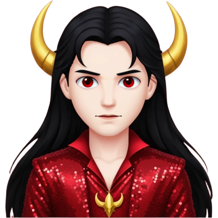 Lucifer with long black hair, dark red sequin outfit emoji