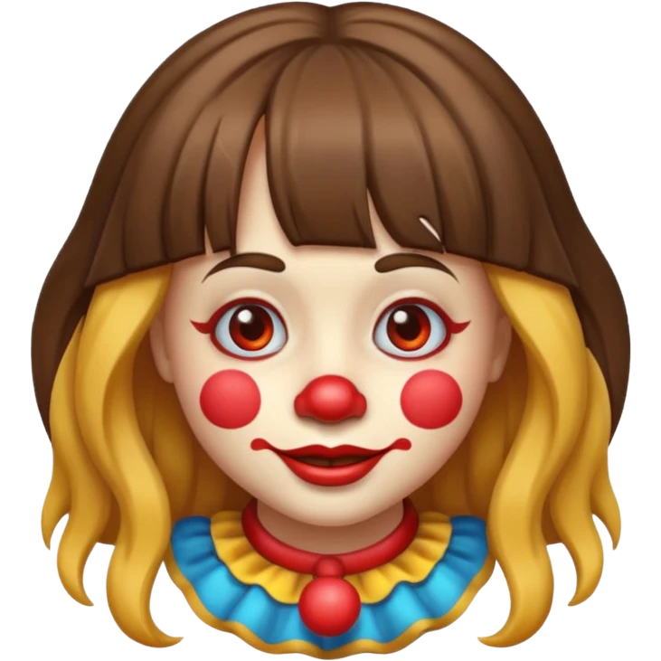 A clown emoji with brunette bangs long hair emoji