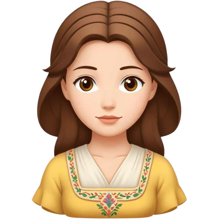 Cinematic Serene Belle Portrait Emoji, rendered in a simplified vector style. Depict a gentle Belle (chest and above) with fair, glowing skin, softly cascading brown hair, and a calm, inviting expression, dressed in her traditional village dress. The image exudes a soft, luminous glow and is outlined with a subtle, warm light. emoji