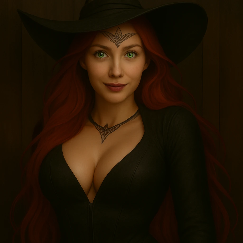 Edit the witch queen to have a natural, subtle red lip color that does not look like lipstick. Relax her eyes to be large but more almond-shaped, and make her smize (smiling with her eyes). Keep her other features the same: long bright red hair, bright green eyes with a subtle glow, larger breasts, and the silver crown-like tattoo on her forehead. emoji