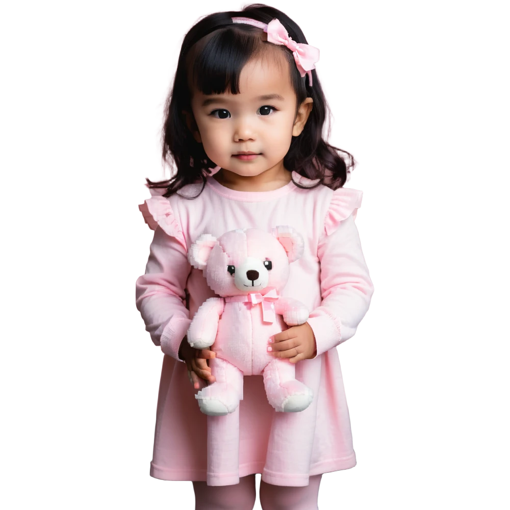 cute toddler girl with pastel pink clothes holding a pink teddy bear emoji