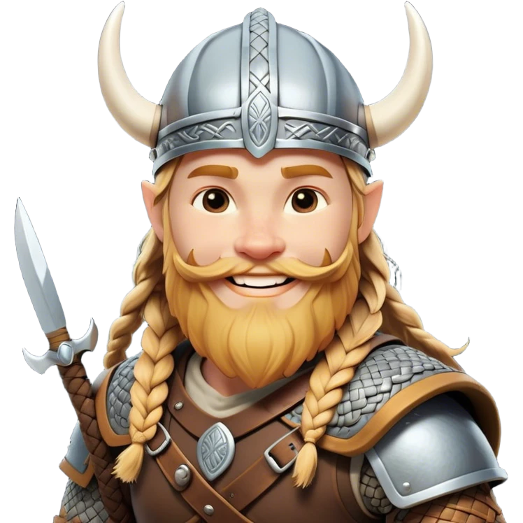 Clash of Clans aesthetic: Cinematic Cheerful Viking Portrait Emoji, With a bright, confident smile and a relaxed, adventurous stance, showcasing a stylized, spirited build with a classic Viking helmet and braided hair, his natural skin tone lending authenticity, Simplified yet expressive features, highly detailed, glowing with a soft, golden Nordic radiance, high shine, upbeat and courageous, stylized with an air of classic Viking heroism, soft glowing outline, capturing the essence of a cheerful Viking ready to embark on legendary quests! emoji