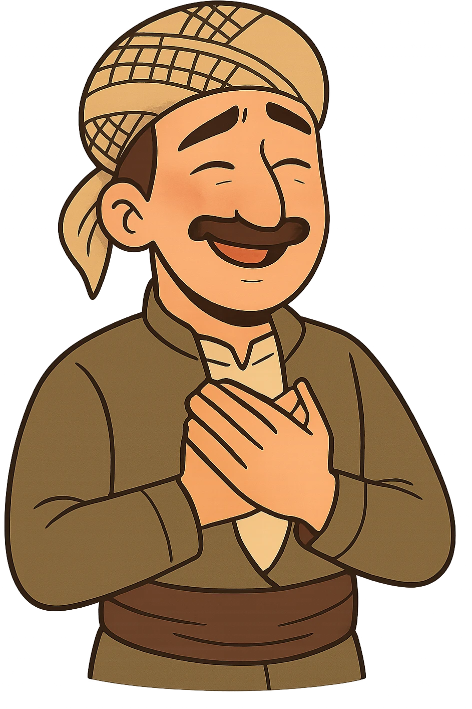 Kurdish man or woman in jamadani, cartoon style, feeling grateful, hands on chest, warm smile, no text emoji