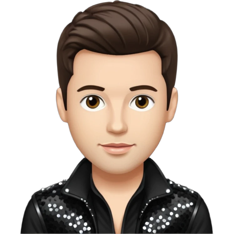 Dan Miller, pop singer from O-Town with light skin, dark brown hair, black sequin outfit emoji