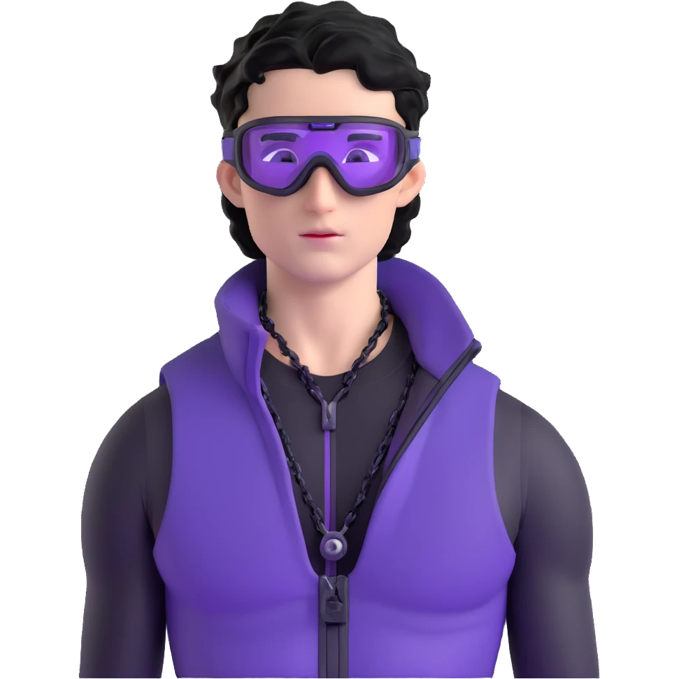 male athlete with white skin and moderately curly black hair on top with shaved sides, wearing ski goggles with purple frames and very dark black lenses, a simple plain black chain necklace, and a completely unzipped/wide open shiny purple vest fully revealing his chest and abs, no earrings emoji
