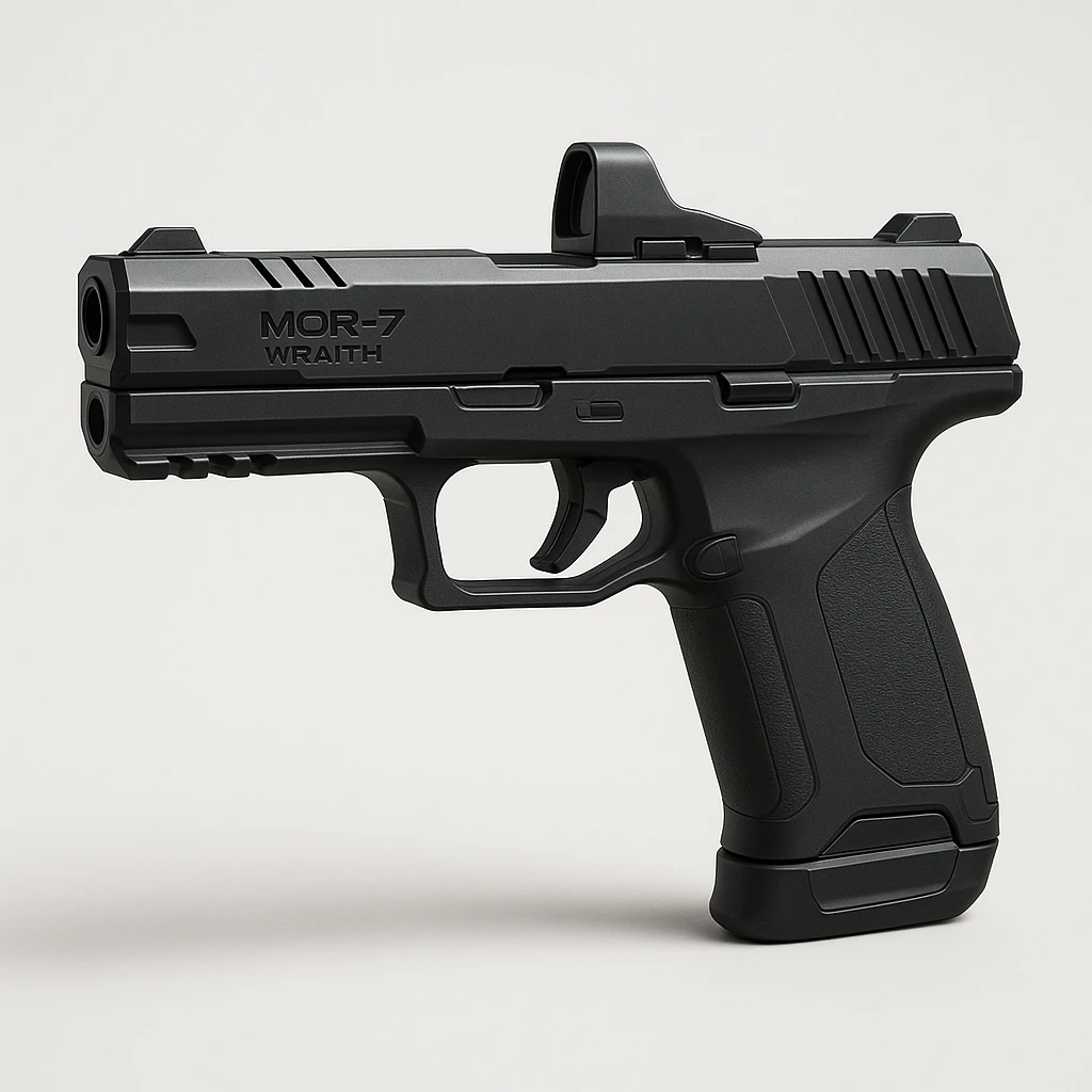 photorealistic hyper-realistic 3D render of a compact futuristic semi-automatic handgun named MCR-7 Wraith, sleek matte-black finish, angular slide cuts, low-profile integrated reflex sight, polymer frame with subtle texturing, ergonomic grip, slightly extended barrel with built-in compensator and side vent ports, minimal external controls, magnetic slide lock, smooth futuristic magazine well, smart sensor panels near trigger guard, neutral side view on clean white or grey background, soft shadow under the gun, modern tactical sci-fi style emoji