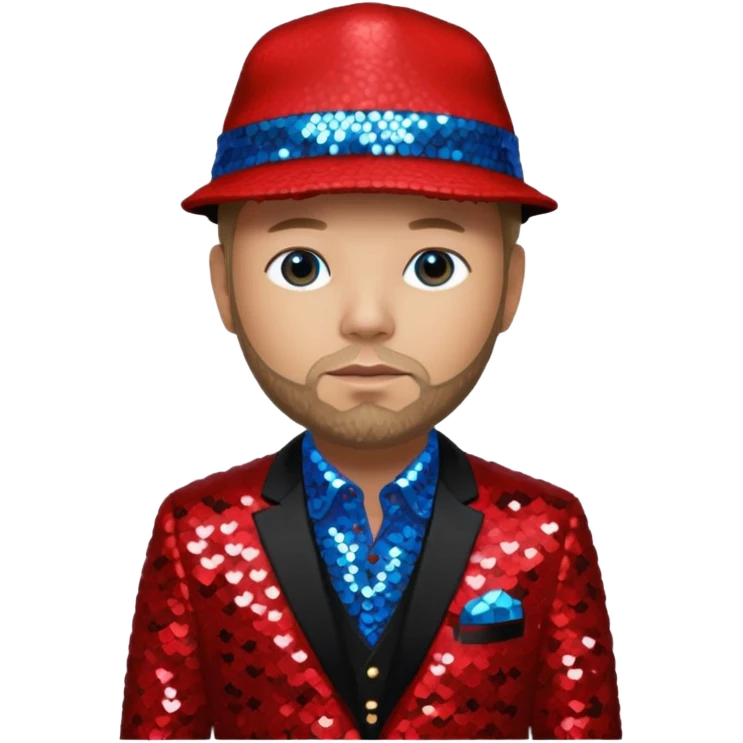 Fred Durst with sequin cream suit jacket with black shirt, red sequin hat, blue eyes, dark blonde hair emoji