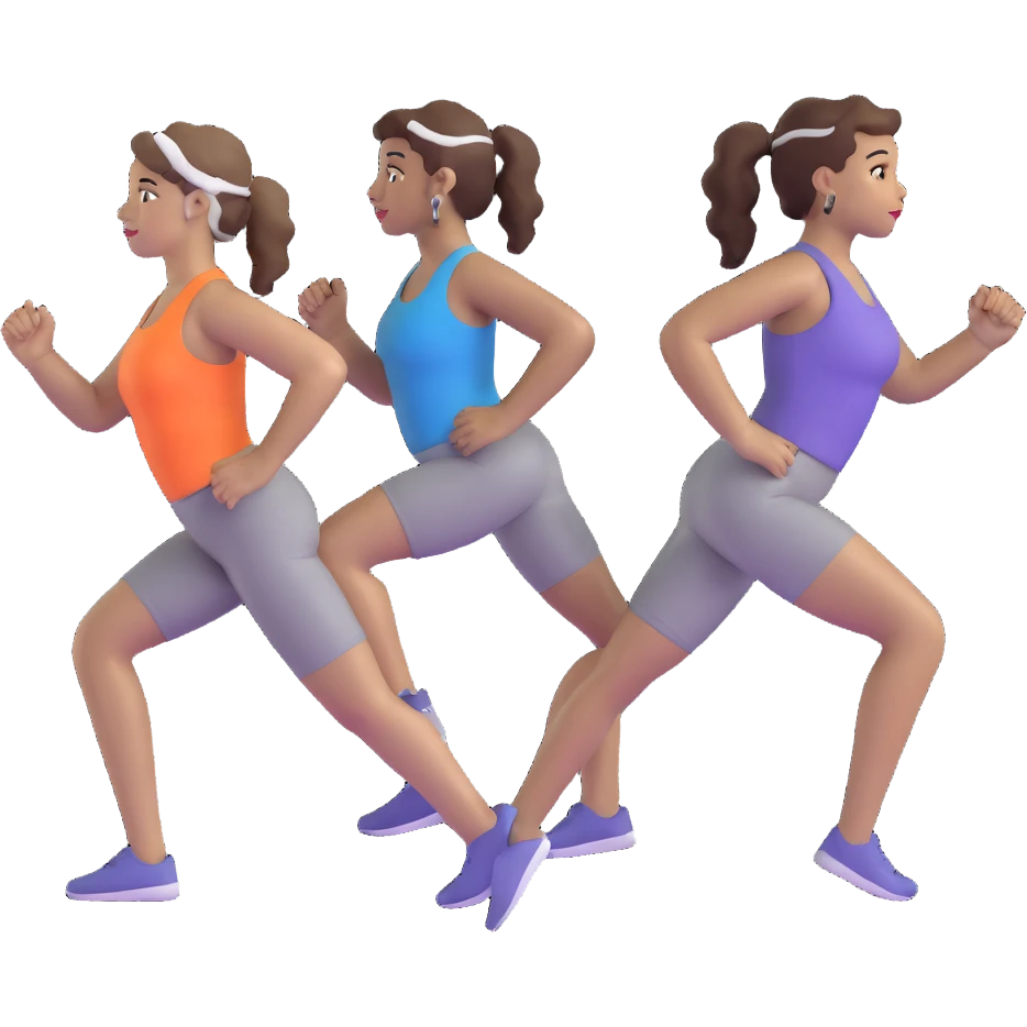 three women friends exercising together, one black woman with curly brown hair, one pale white woman with curly brown hair, and one white woman with straight brown hair in a ponytail positioned on the right emoji
