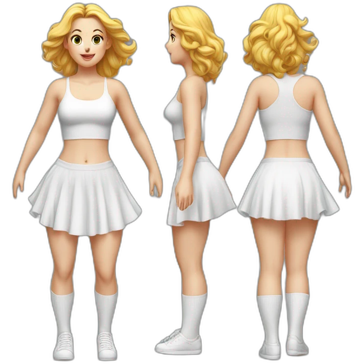 hyperrealistic-full-body-caucasian-curvy-beauty-jumping-small white-skirt-back-and-front-views-strong-wind-knickers white socks emoji