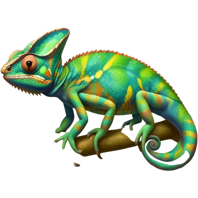 Giant chameleon on a branch, blending with vibrant greenery. Detailed scales in shifting colors, showing the chameleon’s ability to camouflage. Soft natural light highlights its texture. Nature background with leafs aтв адщцукы. Lush jungle background with vivid foliage, transparent background. emoji
