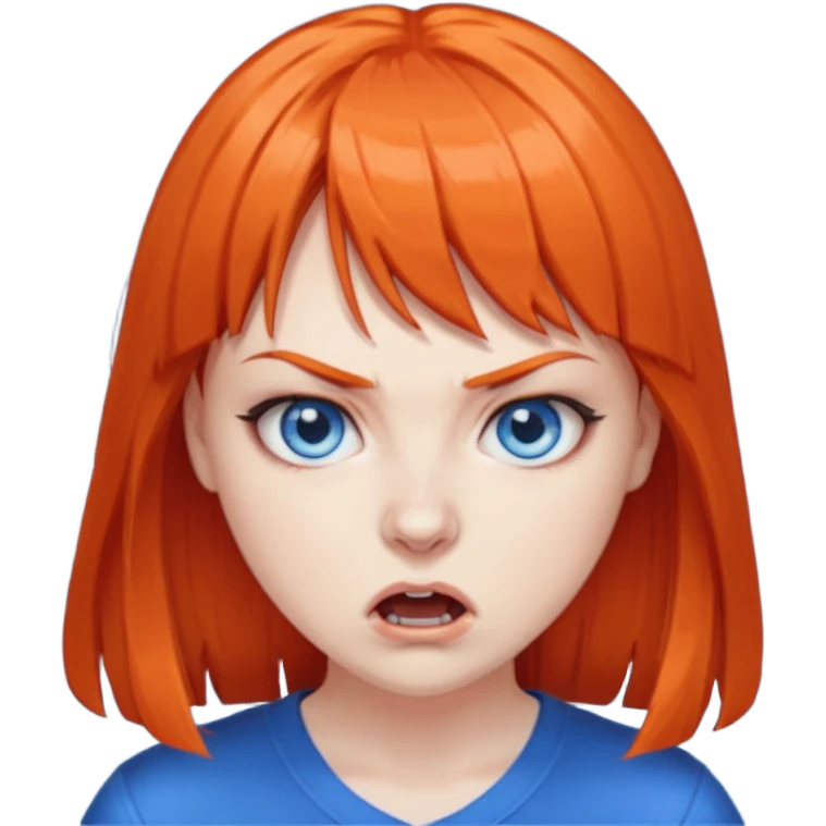 A woman with dark orange hair and bangs, blue eyes, an asmr streamer, angry, emoji