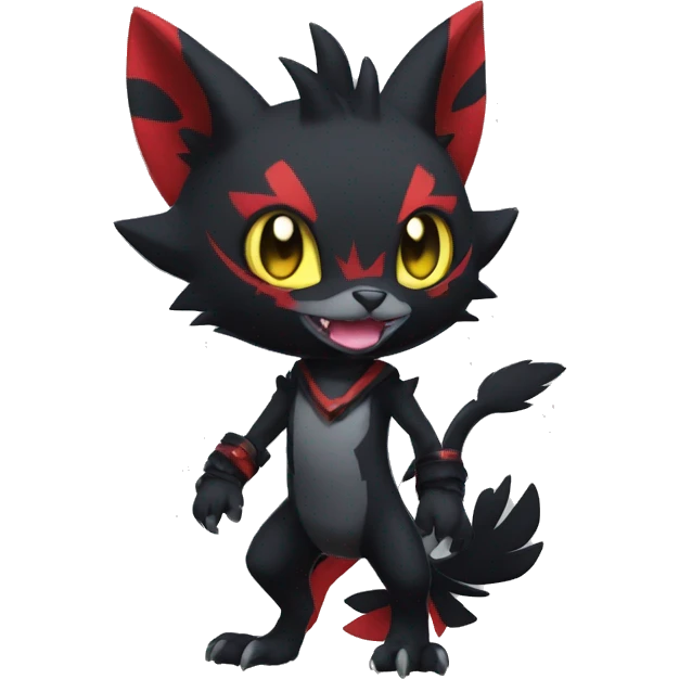 Black Anthro Cool Punk Noibat-Litten-Fakemon-fursona with fangs and red markings Full Body emoji