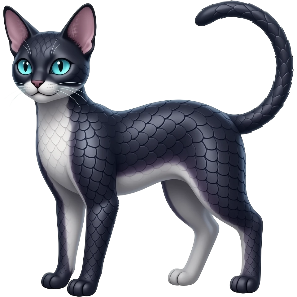 Realistic slim elegant Abyssinian bioluminescent dull, scaly furry oil-blackish oily greyish, purplish, whitish abyss-fantasy-Zorua-Sprigatito-Absol-feline-Fakémon-fusion, with thin neon-glowing bulb-whiskers, full body emoji