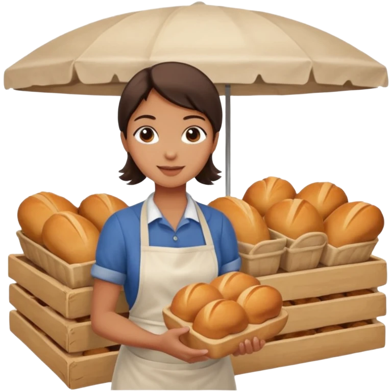 Shopper with small bread loaf,Farmers’ Market, background bakery shop, market. emoji