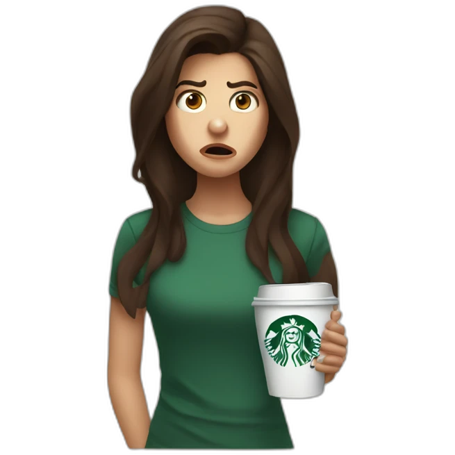 upset angry stressed anxious brunette girl holding starbucks emoji