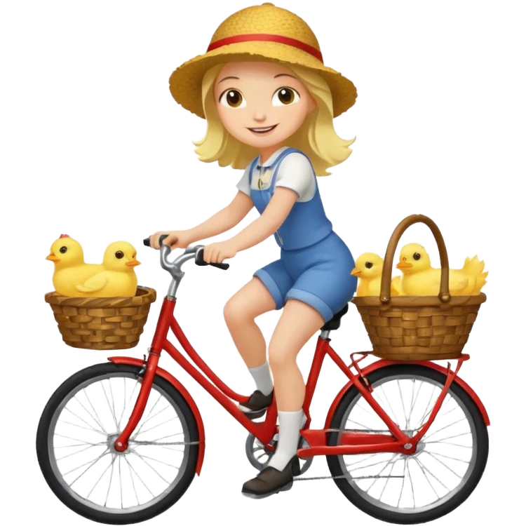 A flat toon cartoon girl riding a bicycle with a basket full of baby chicks, 1:1 square ratio. emoji