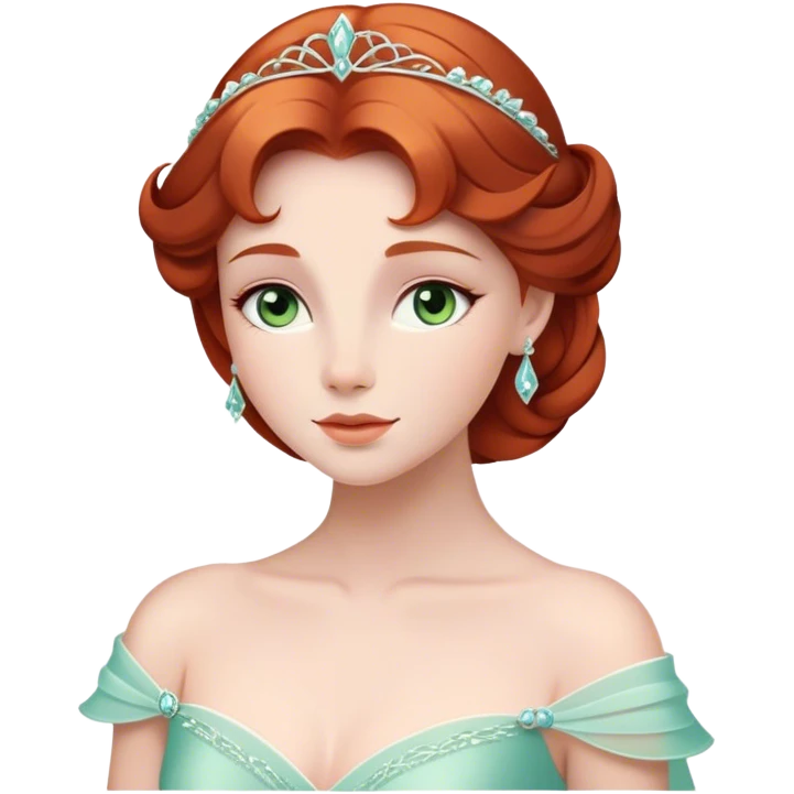 Cinematic Timeless Sleeping Beauty Portrait Emoji, rendered in a clean, vector style. Depict Aurora with delicate porcelain skin, elegantly arranged auburn hair, and a serene, graceful expression, dressed in her iconic gown. The design features bold, simplified shapes, a soft, enchanting glow, and a subtle glowing outline, capturing her timeless, fairy-tale beauty. emoji