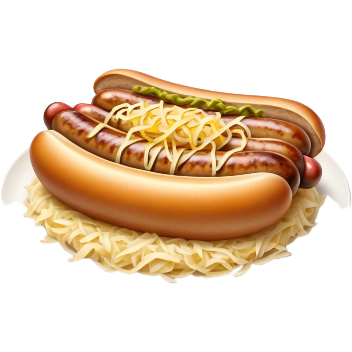 Bratwurst Cinematic Realistic Bratwurst Dish Emoji, depicted as a grilled bratwurst topped with a generous serving of shredded sauerkraut, rendered with rich textures and dynamic, appetizing lighting. emoji