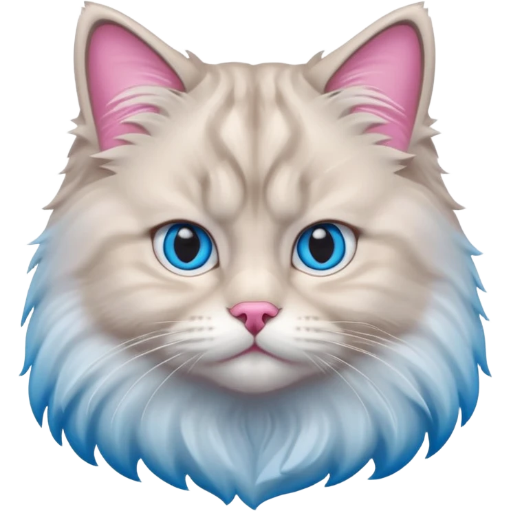 Fluffy Siberian cat face emoji, white and grey long hair, bright blue eyes, pink nose, friendly expression, 3D vector style, isolated on white background. emoji
