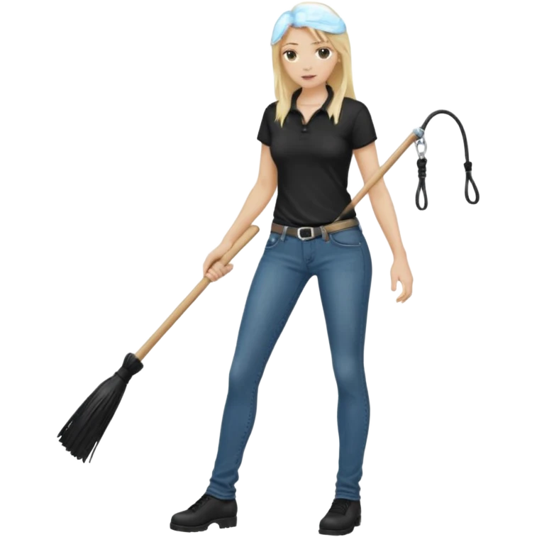 Bdsm male dominant wearing jeans black T-shirt and holding a flogger watching from outside blonde long hair sub with a collar showering with suds all over her emoji