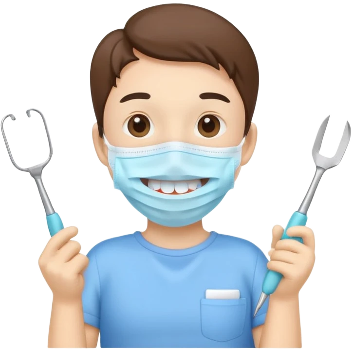 Cute tooth character wearing a face mask, holding dental tools, friendly and clean emoji style, flat illustration, simple design, white background. Diente animado no person emoji