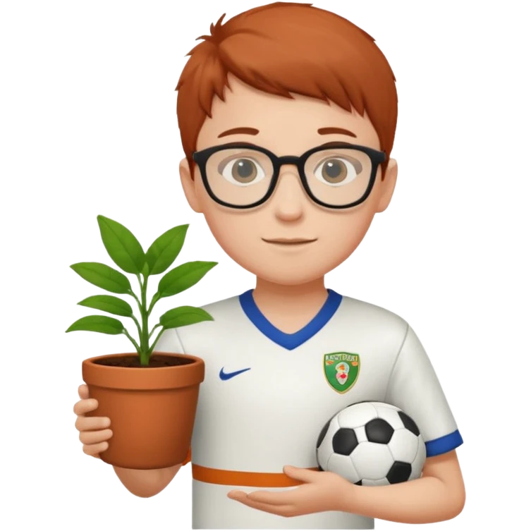 young boy wearing glasses, wearing soccer uniform, holding a plant pot emoji