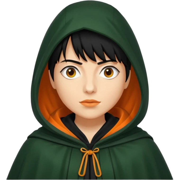traitor tv show, person wearing dark green cloak with hood up who looks like claudia winkleman orange skin tone and thick black fringe no orange on the cloak  emoji