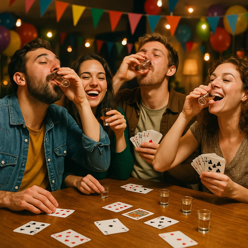 a group of people drinking shots and playing a card game, lively atmosphere, festive party vibe emoji