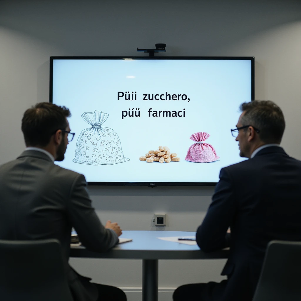 corporate meeting in a pharmaceutical company: managers discussing in front of a whiteboard with drawings of sweets and pills, Italian slogan 'Più zucchero, più farmaci', cynical atmosphere, photographic style, 4K quality emoji