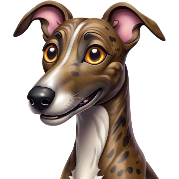 Cinematic Comical Brindle Greyhound Portrait Emoji, Head tilted dramatically with an exaggeratedly amused expression, featuring a striking brindle Fur with bold patterns, wide, expressive eyes filled with playful disbelief, Simplified yet hilariously expressive features, highly detailed, glowing with a slightly sassy glow, high shine, dramatic yet playful, stylized with an air of cheeky mischief, bright and endearing, soft glowing outline, capturing the essence of a spirited and over-the-top racer, so meme-worthy it feels like it could side-eye its way into internet fame instantly! emoji