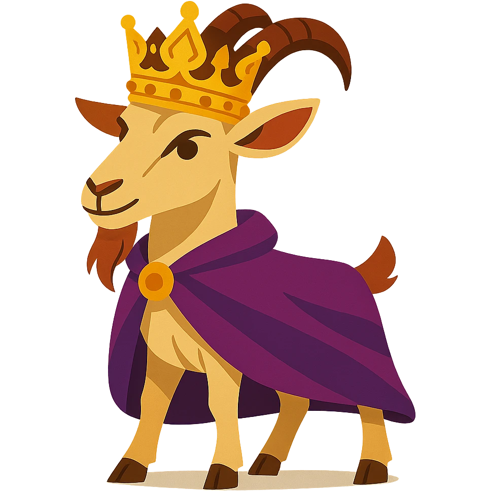 stylized goat with detailed gold crown and rich purple cape, standing confidently, vibrant illustration style emoji