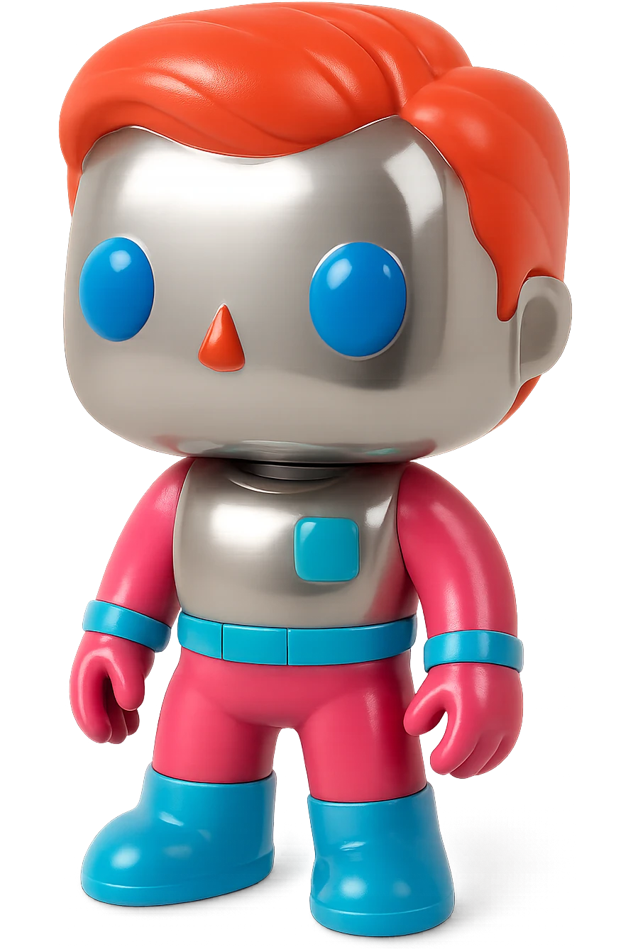 Apply vivid, playful, and saturated colors to the eyes, hair, and outfits of each Funko Pop figure, while keeping their skin and main body chrome and reflective. The chrome look should remain prominent and shiny, with the added colors making the details pop vividly. emoji