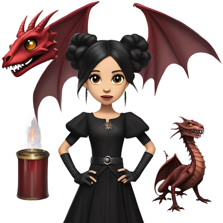 surprised Lavish Victorian black evening gown with gloves, Jenna Ortega as Addams girl Jedi wearing a steampunk mini tiara, very large blood red evil-looking horned dragon emoji