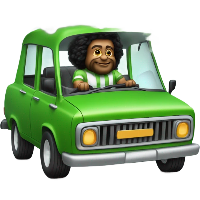 realistic portrait of bearded man Oompa, Loompa, puffing, big clouds while riding in a green Lowrider emoji