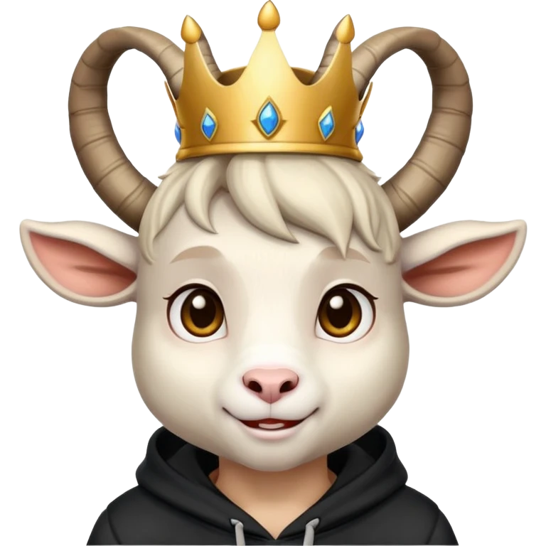 Goat with horns wearing black hoodie and a royal crown love emoji