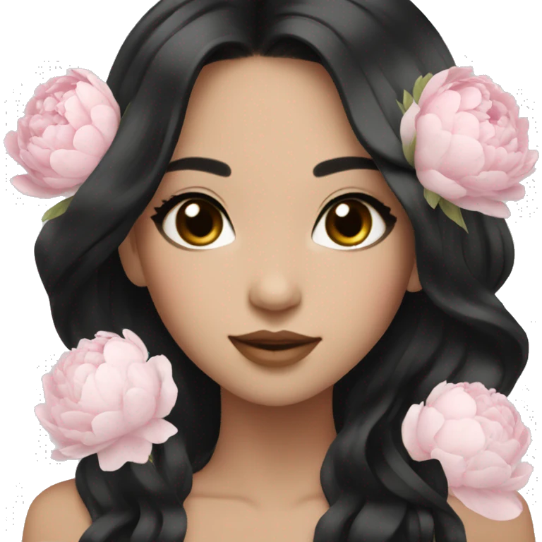Beautiful Asian with long black hair and with white and pink peonies bouquet in hand  emoji