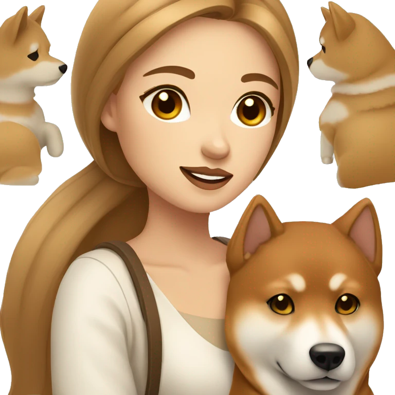 beautiful woman, straight long light brown hair, brown eyes with Shiba Inu emoji