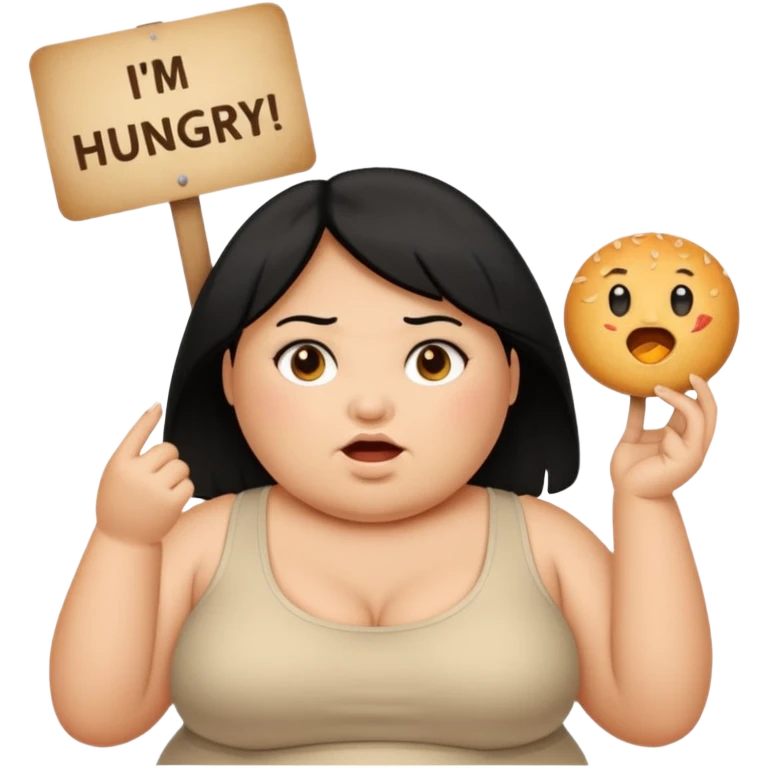 Una señora gorda con cabello negro y p olo corto con un letrero de tengo hambre emoji
