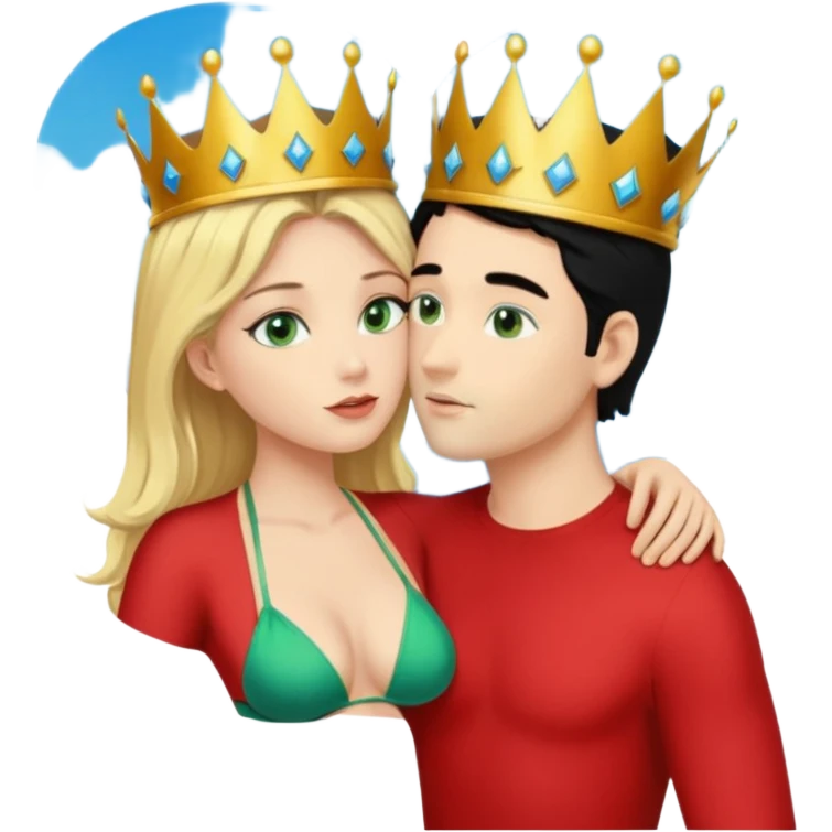 Blonde Queen with crownGreen eyes in Bikini kissing Male subject without crown black hair blue eyes Background sky emoji