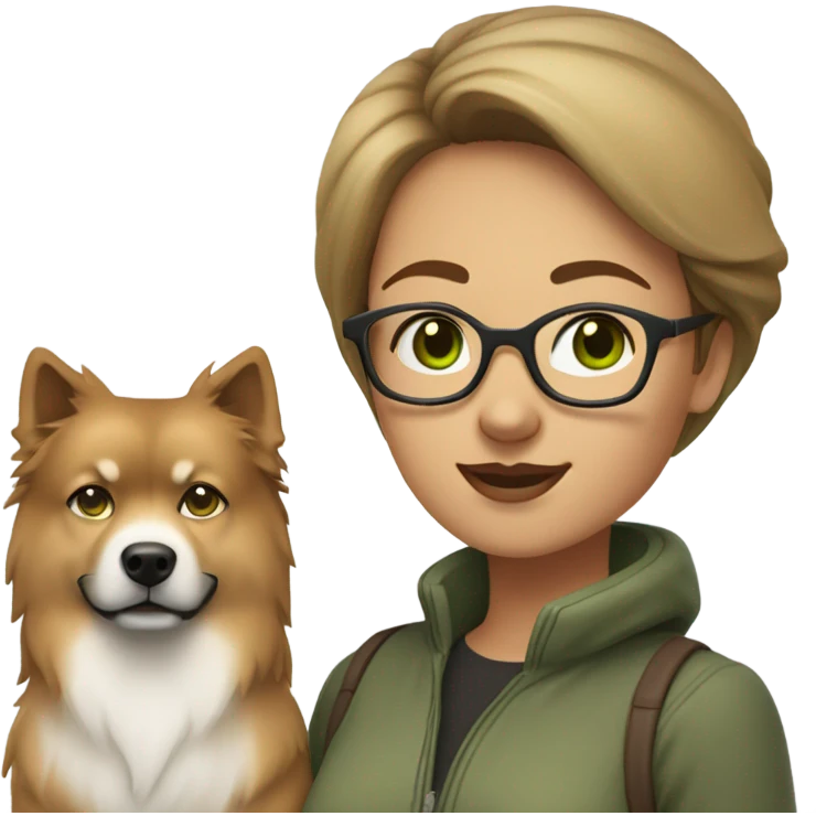 Brown light hair woman aux Green eyes with glasses Green eyes and White eurasier dog  emoji