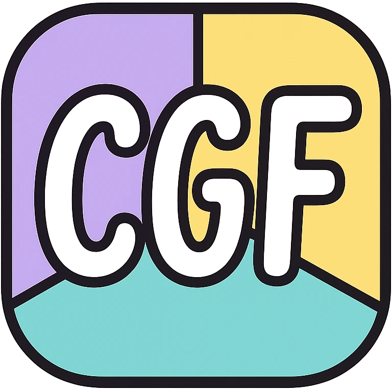 Discord emoji for a server with 'CGF' in a playful white font with pastel color accents, simple and clear, transparent background, 128x128 emoji