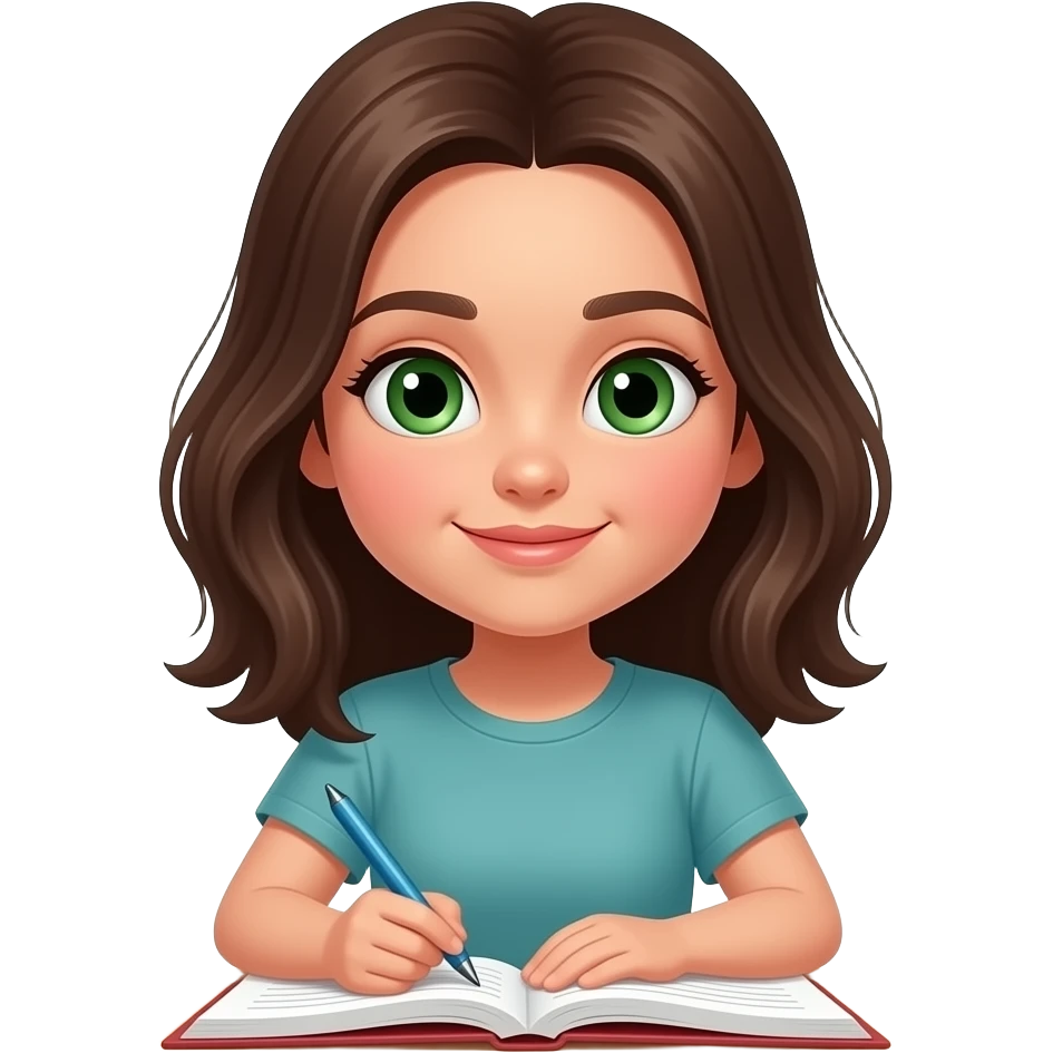 un emoji estilo io18 de una adolescente brunette de ojos verdes estudiando emoji