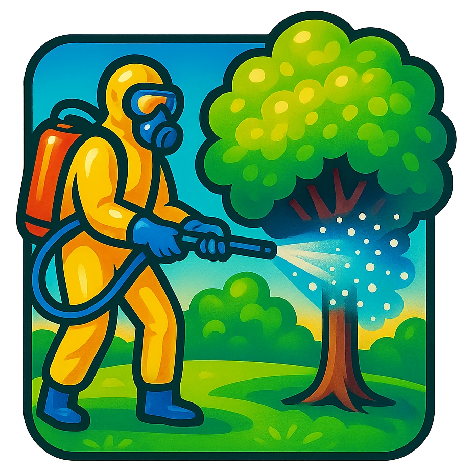 A gardener in protective suit and mask spraying a tree with a sprayer, performing chemical pest control. Bright green garden with trees, visible spray droplets, atmosphere of professional plant protection and garden care emoji