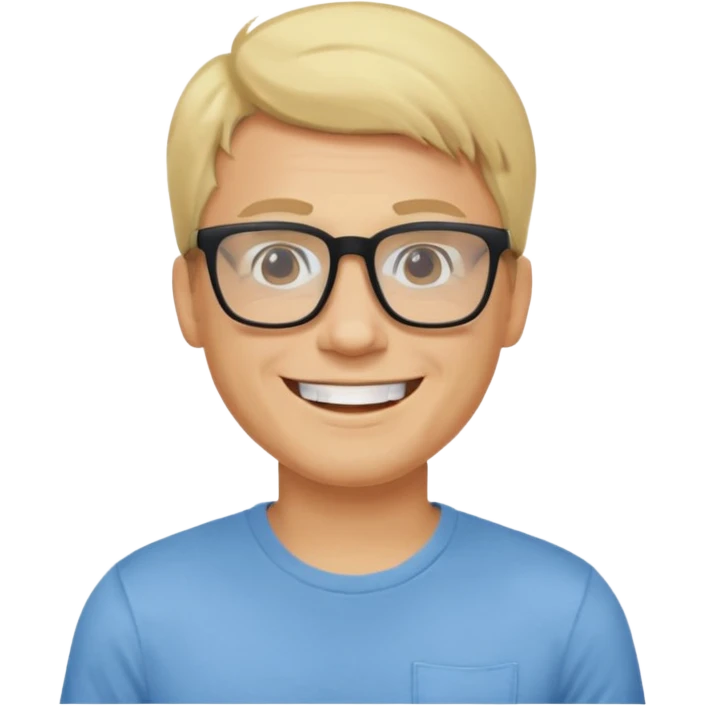 portrait of adult man no old man, wearing a t-shirt, square glasses, grinning face, blond hair emoji